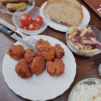 Pickles, Vegan Lentil Balls, Krautfleckerl, Cabbage salad at Weinbau Herrmann in Vienna