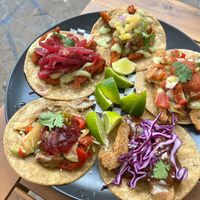 Vegan taco selection for sharing. at Taqueria La Lupe in Sevilla