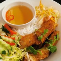 Noodles, vegetables, spring rolls at Linh - Not Just A Restaurant in Prague