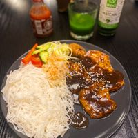 Sweet and sour tofu with rice noodles, Matcha drink   at Linh - Not Just A Restaurant in Prague