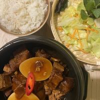 ‘Grandma’s Claypot’ - vg pork belly, egg, rice & side salad   at Linh - Not Just A Restaurant in Prague