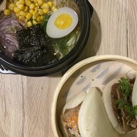 ‘Rare ramen’ featuring vg egg & soy meat, bao buns with soy meat   at Linh - Not Just A Restaurant in Prague