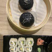 Black bao buns with beyond meat filling, avocado sushi   at Linh - Not Just A Restaurant in Prague