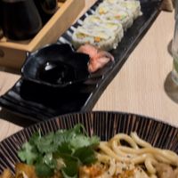 Vegan Udon Noodles, Sushi and in de background the claypot with vegan pork belly at Linh - Not Just A Restaurant in Prague