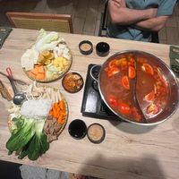 Hot Pot Set Up - Lots of Veggies, Tofu and Soy Meat  at Linh - Not Just A Restaurant in Prague