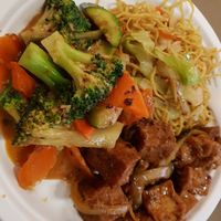 Lemongrass tofu, red curry vegetables and noodles at Loving Hut - Westfield Mall Food Emporium in San Francisco