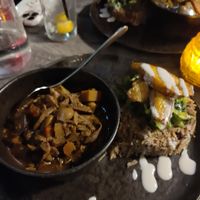 Oxtail stew with rice & peas and fried plantains at Jam Delish in North London