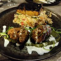 Fysh on fried rice with callaloo fritters at Jam Delish in North London