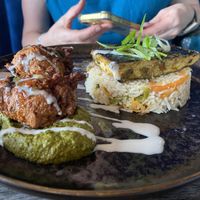 Grilled codfish and callaloo fritters  at Jam Delish in North London