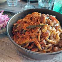 carribean slaw ($6.50) & "Oxtail" Chow Mein: jackfruit & mushroom stew with udon noodles ($18) at Jam Delish in North London