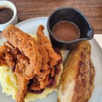 Fried chickn with garlic mash, gravy and cabbage at Jam Delish in North London
