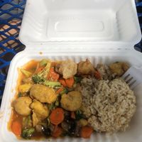 Orange Sweet & Sour Nuggets with veggies and rice at Loving Hut in Tampa