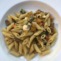 Penne with vegan cheese, seitan, grilled vegetables and mushrooms at Al Ventitre in Lazise
