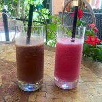 Rose pedal/almond milkshake & heavy chocolat/almond milkshake. tasty & refreshing at Natural Cafe in Mallorca