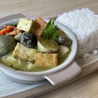 Vegan green curry soup with rice, 89 baht  at Maeya in Udon Thani