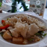 Special meal. Tofu and veges in a soup with delicious fried rice puffs on top at Began Vegan in Bangkok