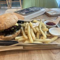 Burger and fries  at Began Vegan in Bangkok