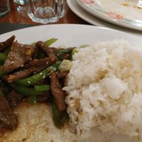 Vegan beef with green bell peppers and jasmine rice. at Sawadika in Zaragoza
