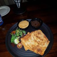 Vegan starter, garlic hummous, olive spread, side salad and warm crusty bread at Danny Mann Pub in Killarney