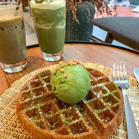 Vegan buttermilk waffles and matcha gelato  at Hvala - Chinatown in Central Singapore