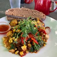 Tofu hash with whole wheat bread that’s made on the premises. Very tasty and freshly made! Server was very knowledgeable about vegan options. Highly recommend!  at Simple Cafe in Lake Geneva