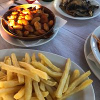 frensh fries, giant beans and grilled mushrooms  at Squirrel in Corfu