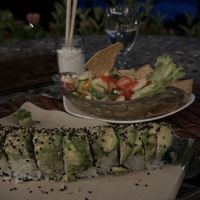 Vegan „Caterpillar“ Sushi Roll & Heart of Palm Ceviche  at Ylang Ylang Beach Resort Restaurant in Montezuma