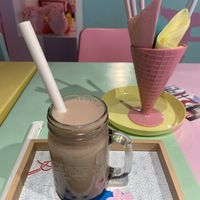 Sakura snow bubble tea with cherry flavour and ‘popping’ bubbles: nice but sweet  at Jūshī Café in Rotterdam