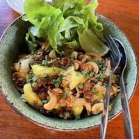 Pineapple fried rice, 150 baht. Was ordered off the vegan menu, but made with egg.  at Shann Cafe  in Chiang Rai