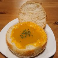 Pumpkin soup with vegan bread upgrade  at Egg Milk Tree 蛋奶樹 in Taipei