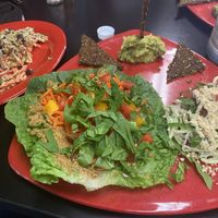 Half raw pizza slice, half raw tacos, half rawghetti Alfredo. (The owner split every thing for us) at Rawk Star Cafe and Marketplace in Oldsmar