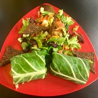 The Rawkster Wrap with an added Salad! Mediterranean style nut pate (made with pumpkin seeds, pecans, bell pepper, apples and spices) in a collard wrap with veggies! at Rawk Star Cafe and Marketplace in Oldsmar