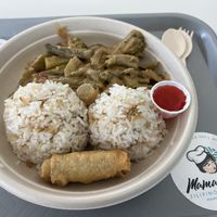 Vegan peanut sauce with vegetable,  and rice plus egg roll  at SFO - Mama Go's Filipino Cuisine - T1 in South San Francisco