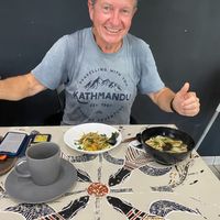 Lunch of udon noodles with tofu and vegetables and Japanese salad at Overtone Cafe in Millner