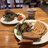 Loved the Scoby burger and delicious bun (which had Shiraz in it) and included sides of fermented veg. The mung bean omelette was so tasty!  at Kombucha Cafe in Murwillumbah