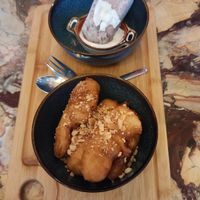 Fried banana (bottom) and bean ice cream (top) at Well Being in Cologne