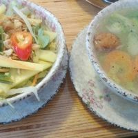 Entry soup and salad from lunch menu at Well Being in Cologne