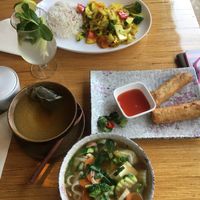 Appetizer Pho, spring rolls and vegetables w/ tofu and rice at Well Being in Cologne