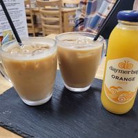 Iced Lattes and Orange Juice at Breaktimes Cafe in Porthmadog