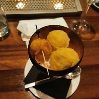 Delicious homemaid vegan ginger sherbet with tempura lychee. Makes your tongue tingle.  at Seray in Hillegom