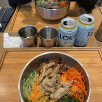 vegan mayo sauce 잡채 (japchae) with Loka drink  at Keemchi  in Stockholm