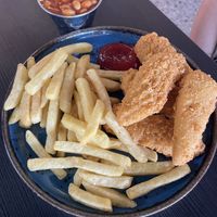Kids chicken style strips with chips and beans   at Bird & Bean in Frinton-on-sea