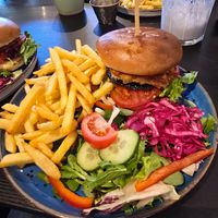 Portobello Mushroom and Halloumi Burger whith Chilli Jam. Fries and salad included. at Bird & Bean in Frinton-on-sea