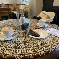 Cherry crumble cake and cappuccino   at Omi Backt in Bochum