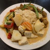 Tonight’s special. Pretty tasty. With brown rice, $15  at Blossoming Lotus in Surfers Paradise