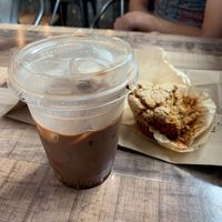 Mocha with oat milk and vegan apple crumb at Climbing Wolf in Dobbs Ferry