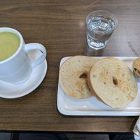 Chaga Matcha 16oz and plain bagel PB at Fueling Station Cafe in San Francisco