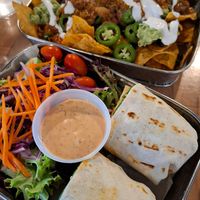 Chili Nachos and Buffalo Chicken Wrap. at Planted Plate in Princeton