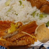 Vegan saté, babi pangang, nasi zonder ei, cassave kroepoek at Mandarin in Amersfoort