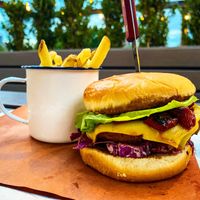 Vegan burger and fries at BrewDog in Columbus